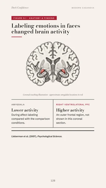 Page 128: Naming a feeling lowered amygdala activity and raised prefrontal activity.